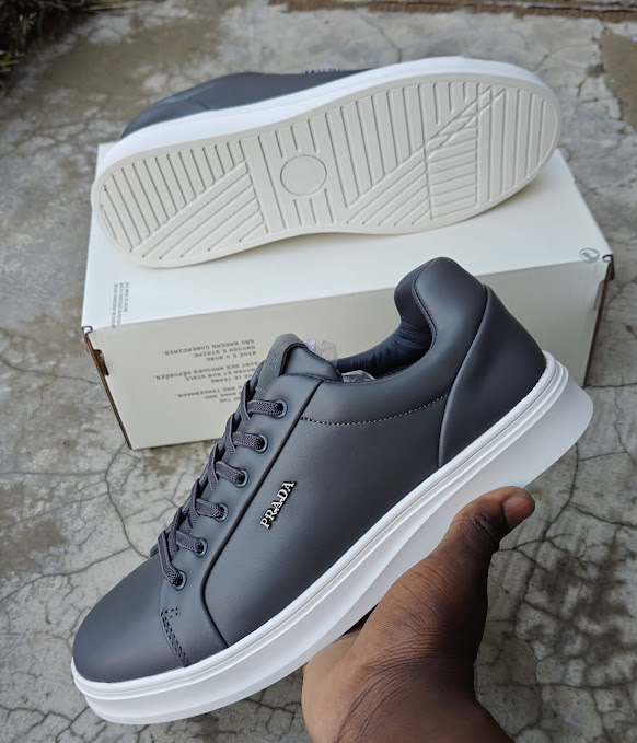 Prada Milano Macro Men's Leather Sneakers - Grey Upper & White Platform Sole